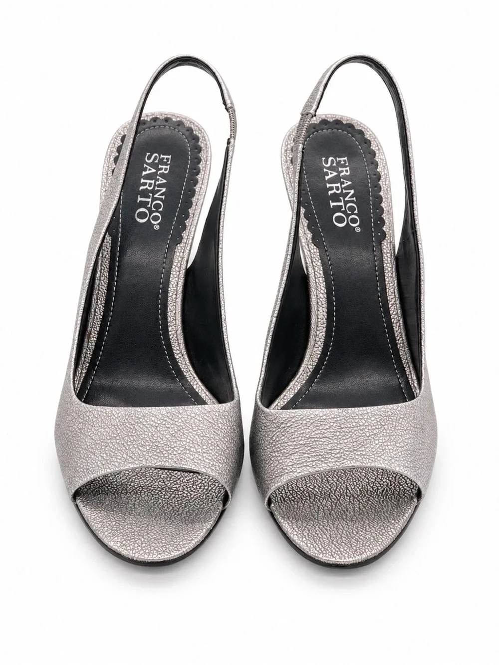 Franco Sarto Lancia Silver Metallic Leather Peep Toe Slingback Heels